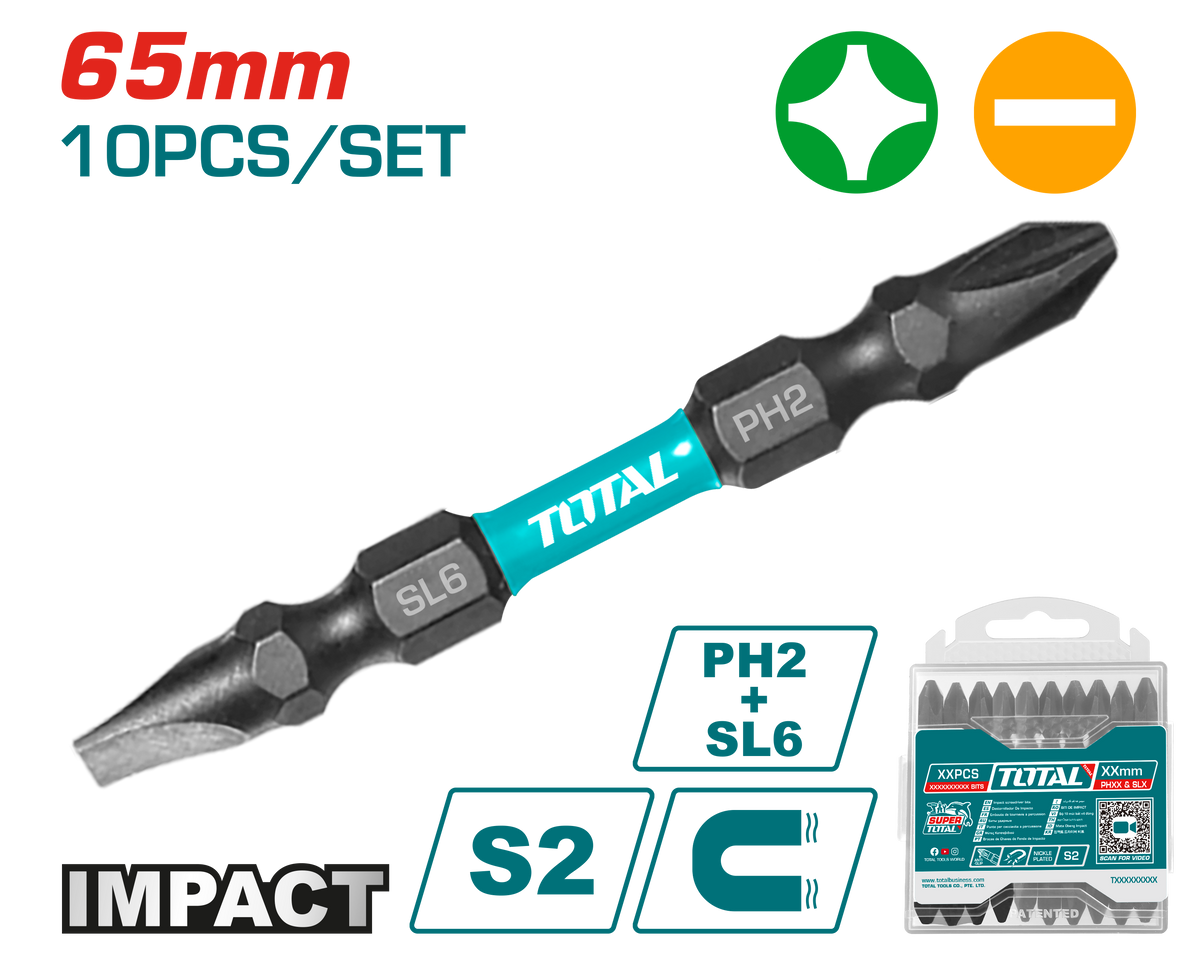 Impact screwdriver bits PH2+SL6.0*1.0 65mm (10pc Set) TACIM16HL133