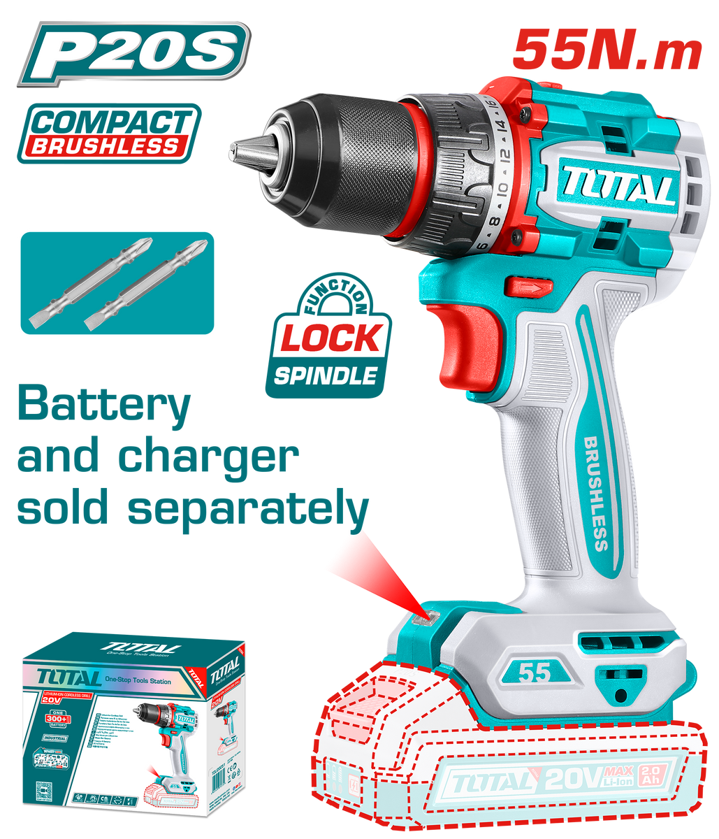 Compact Brushless Cordless Drill 13mm 55N.m TDLI205581 – Total
