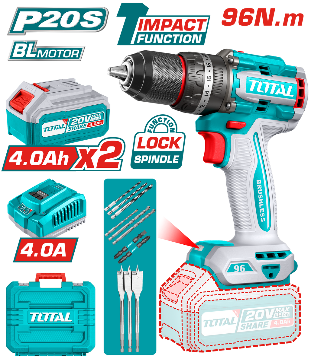 Brushless cordless impact drill 96nN.m 20V TIDLI20968 – Total